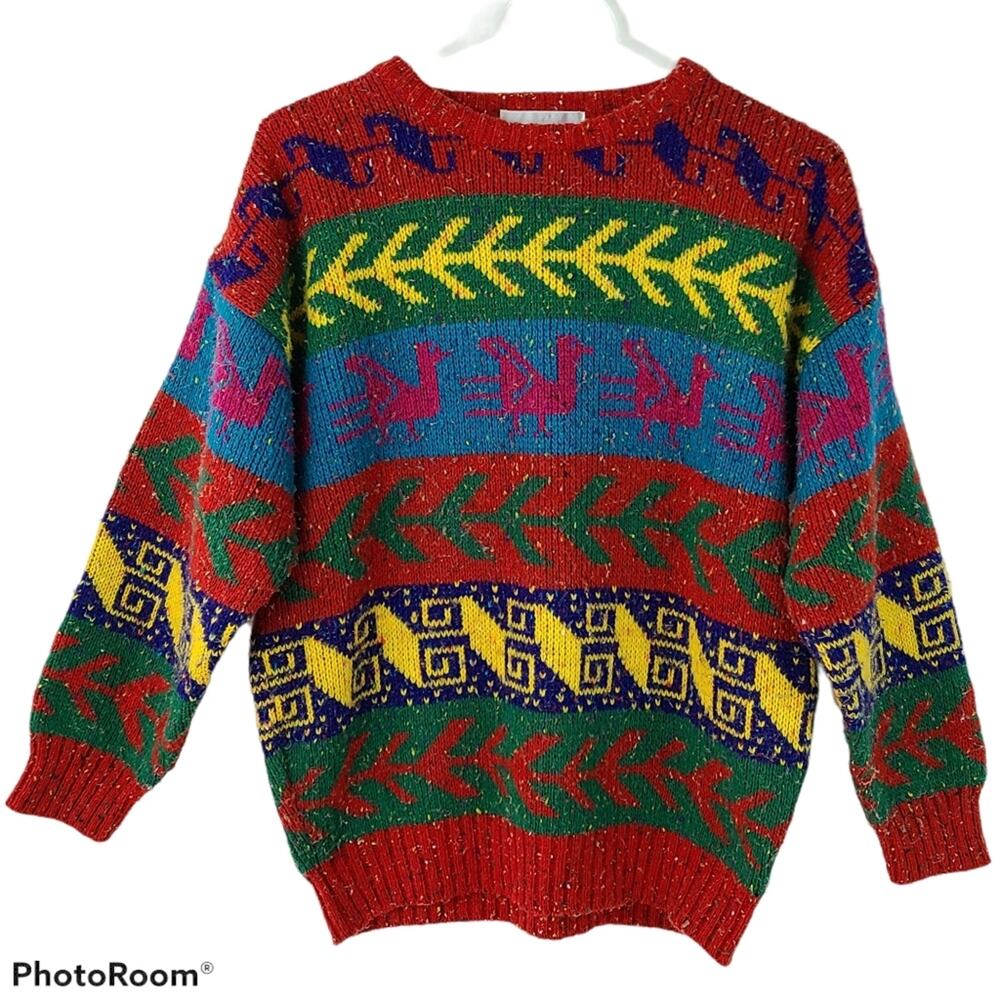 Vintage E.Z. Spirit sweater bright horizontal abstract striped crew neck Small